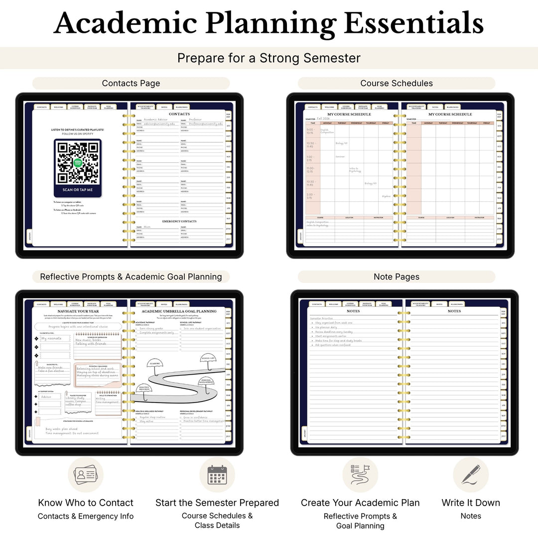 Academic planner with various sections for planning and organization. 