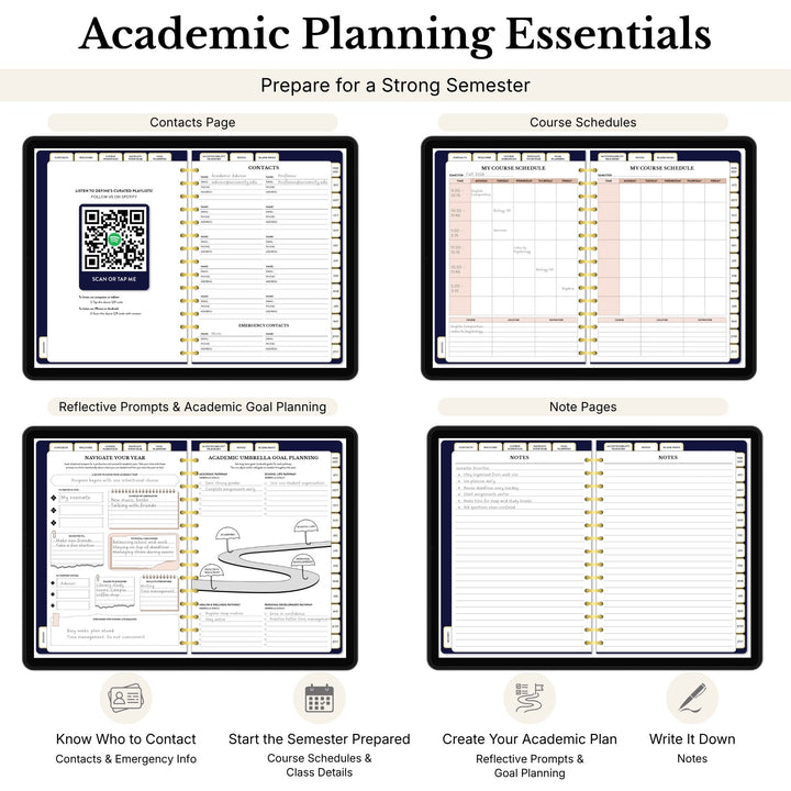 Academic planner with various sections for planning and organization. 