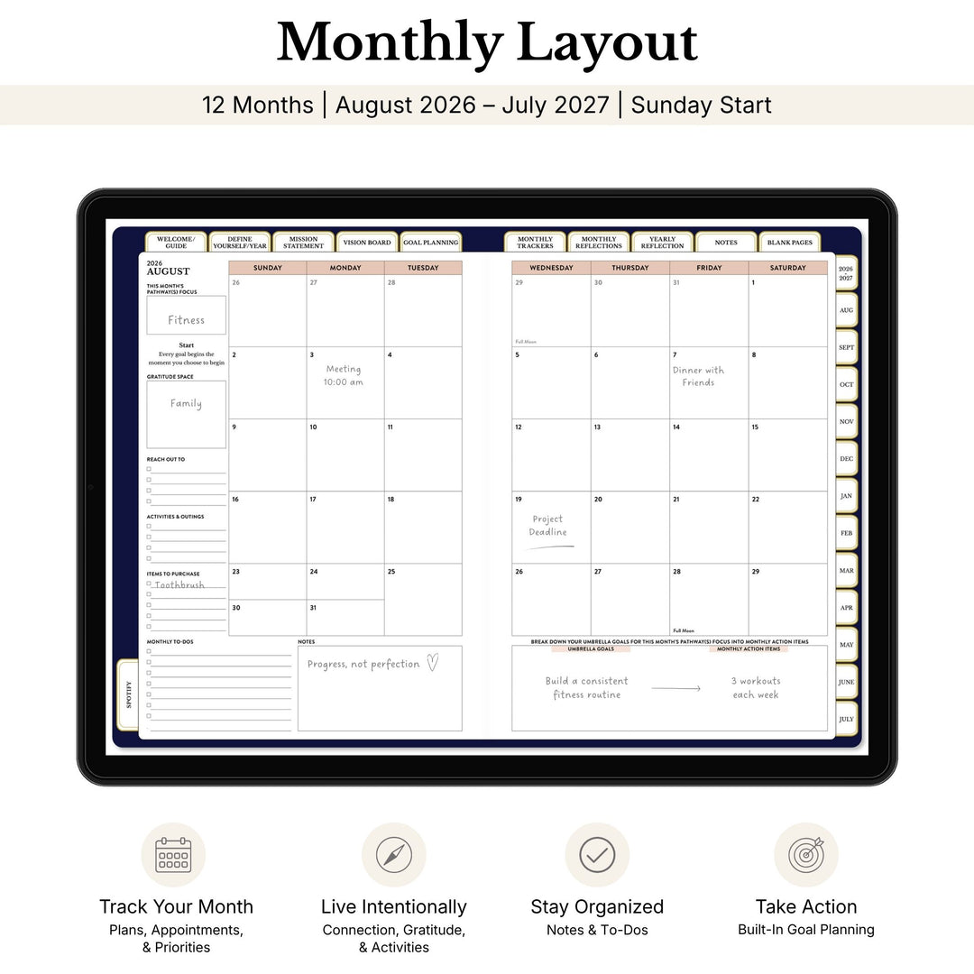 Monthly layout planner for 12 months with August 2026 to July 2027, Sunday start, on a white background. 