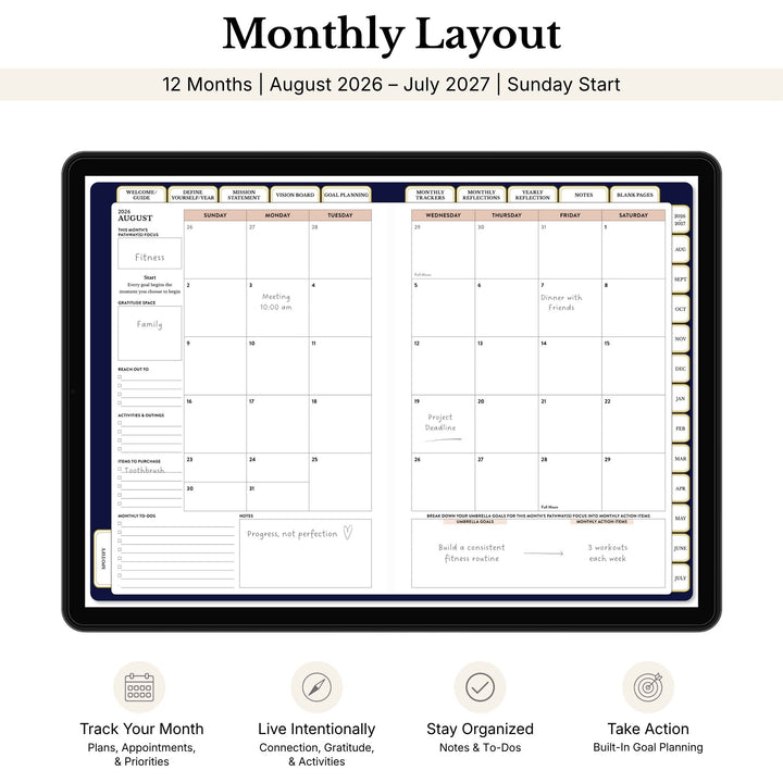 Monthly layout planner for 12 months with August 2026 to July 2027, Sunday start, on a white background. 
