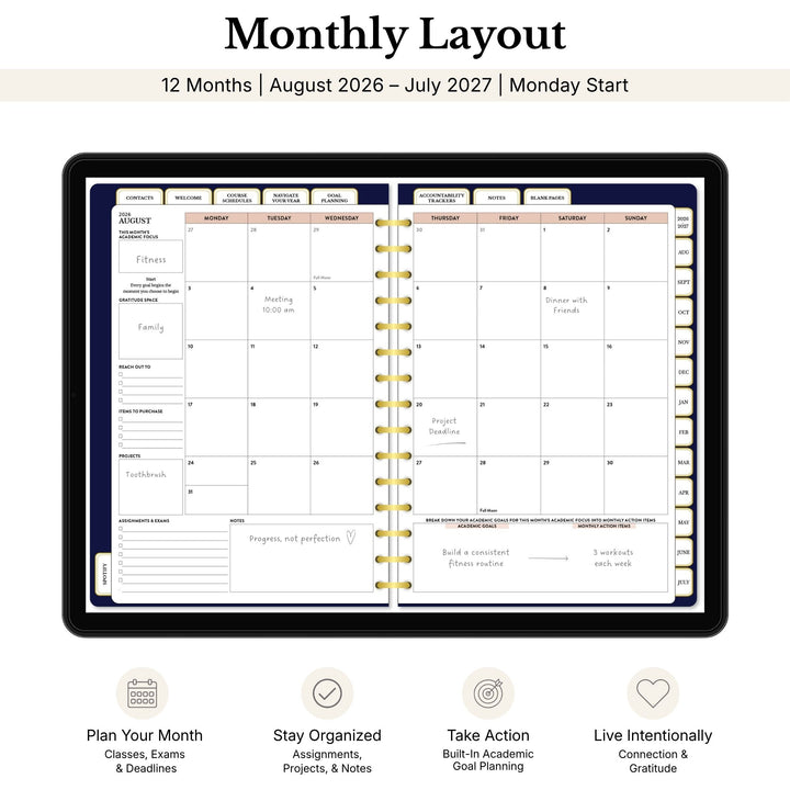 Monthly layout planner with August 2026 to July 2027 dates, showing a two-page spread. 