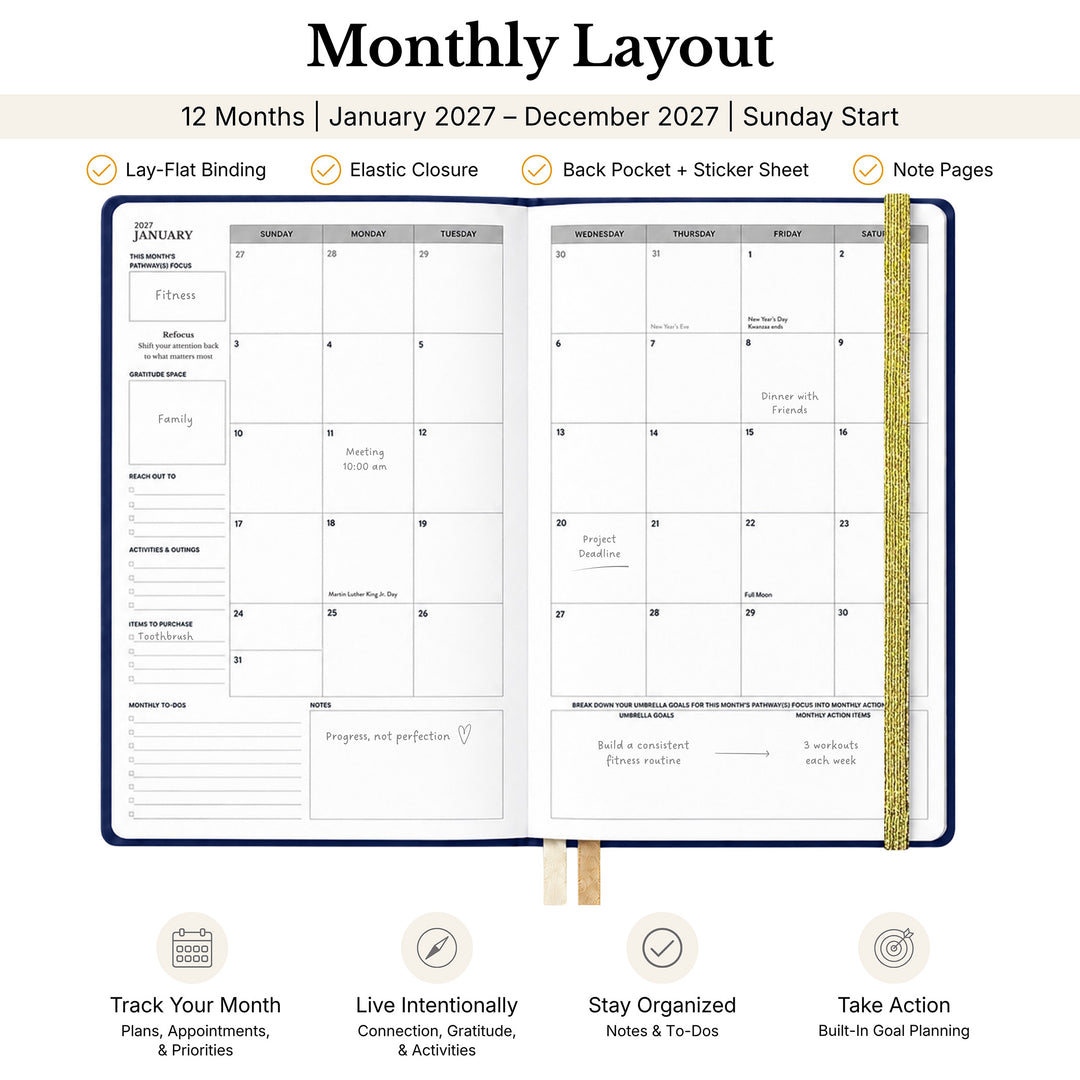 A monthly planner layout shown open to two interior pages with a gold ribbon bookmark, under the heading &