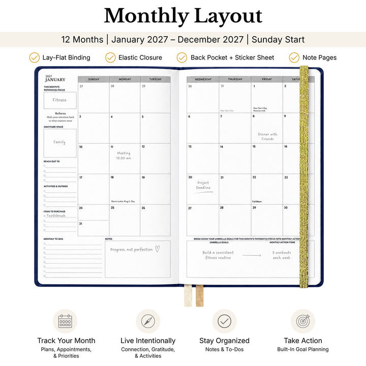 A monthly planner layout shown open to two interior pages with a gold ribbon bookmark, under the heading &