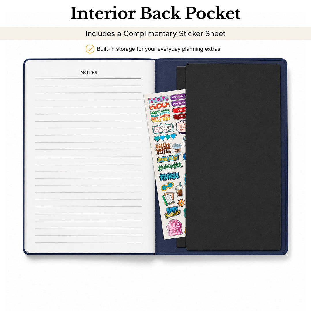 Notebook with an interior back pocket containing a sticker sheet on a white background 