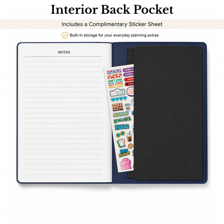 Notebook with an interior back pocket containing a sticker sheet on a white background 