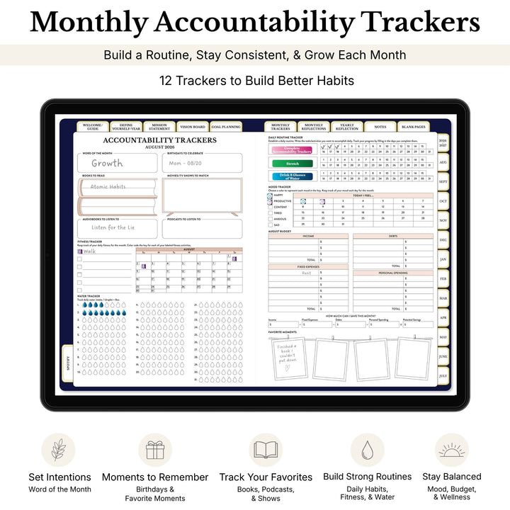 Monthly accountability tracker with various sections on a tablet screen. 