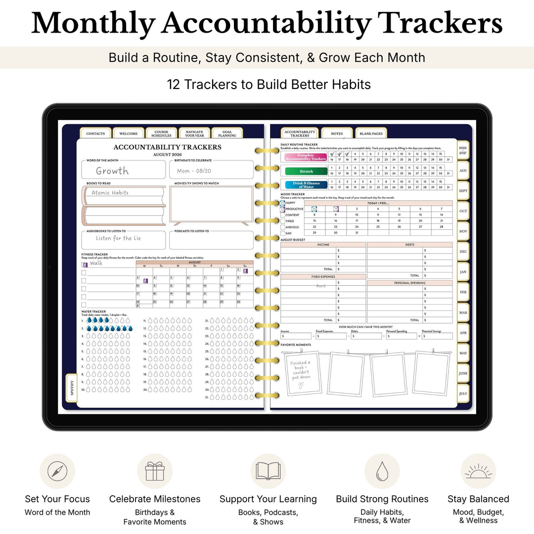 Monthly accountability tracker with various sections for building better habits. 