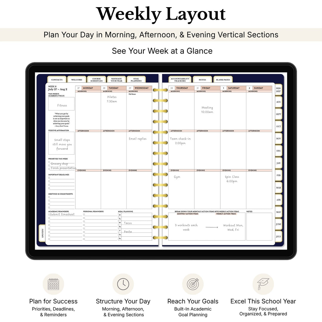 Weekly layout planner with morning, afternoon, and evening sections on a white background 