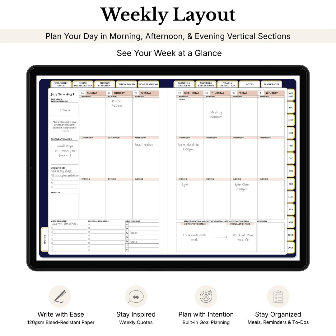 Weekly layout planner with sections for morning, afternoon, and evening, displayed on a tablet. 