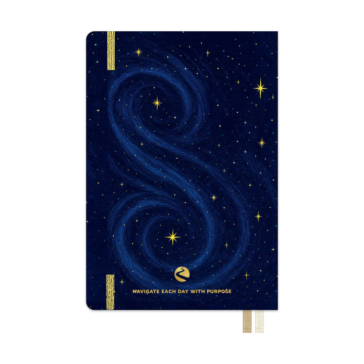 Notebook with starry night design and text on a white background 