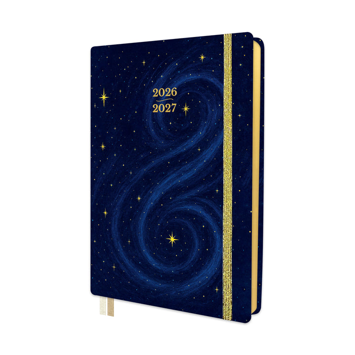 Blue galaxy planner with star design and gold accents on a white background 
