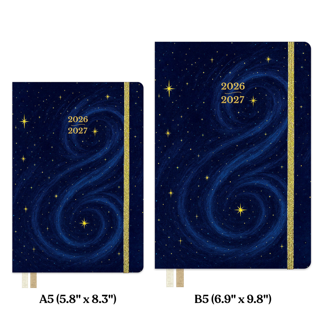 Two starry night-themed planners with gold accents and 2026-2027 text, showing A5 and B5 sizes 