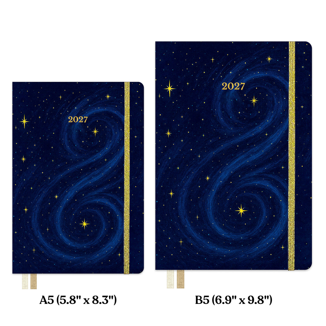 Two hardcover notebooks shown on a white background, labeled A5 (5.8" x 8.3") and B5 (6.9"x9.8") 