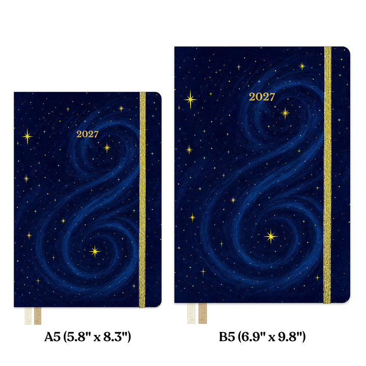 Two hardcover notebooks shown on a white background, labeled A5 (5.8" x 8.3") and B5 (6.9"x9.8") 