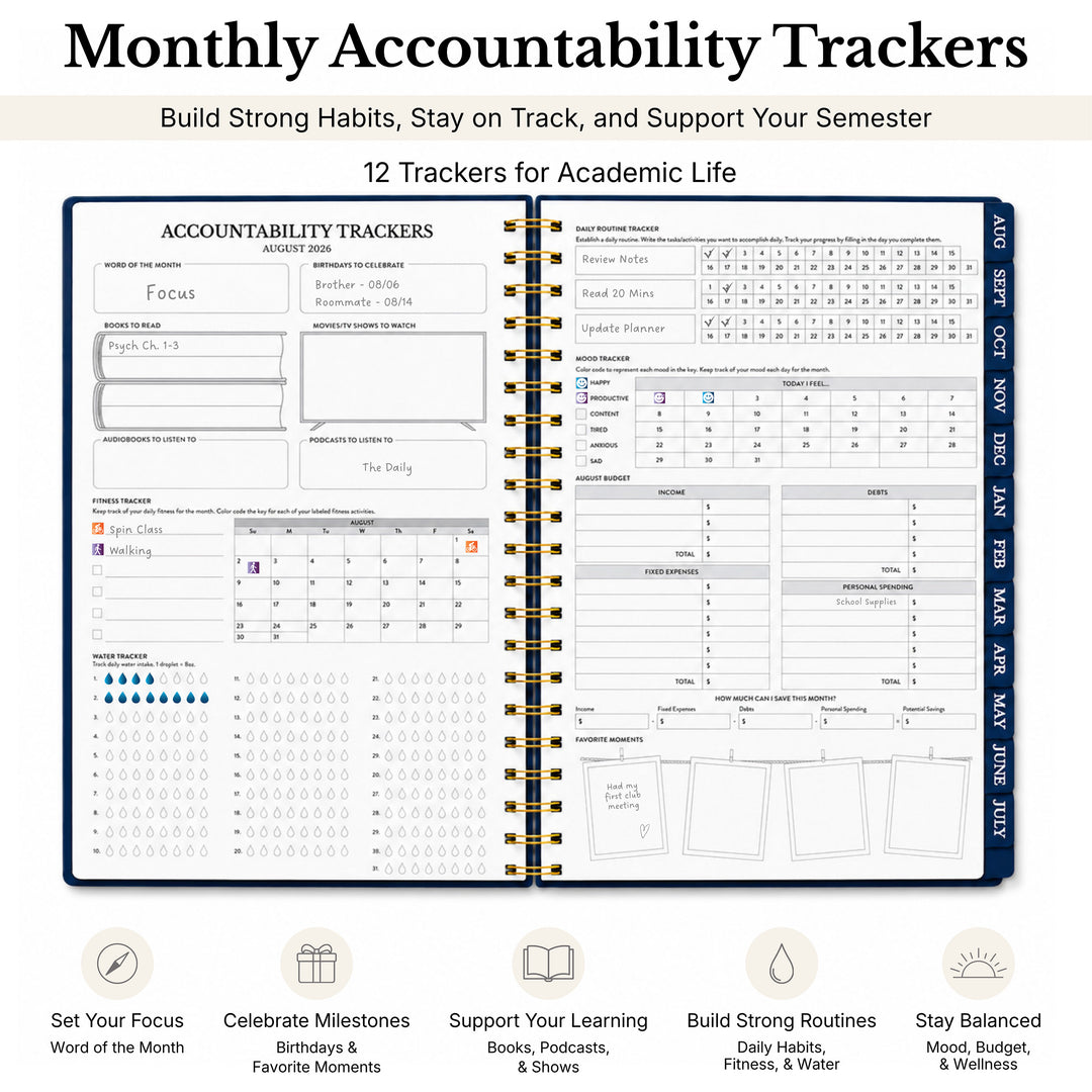 Planner opened to the habit trackers built for academic life  