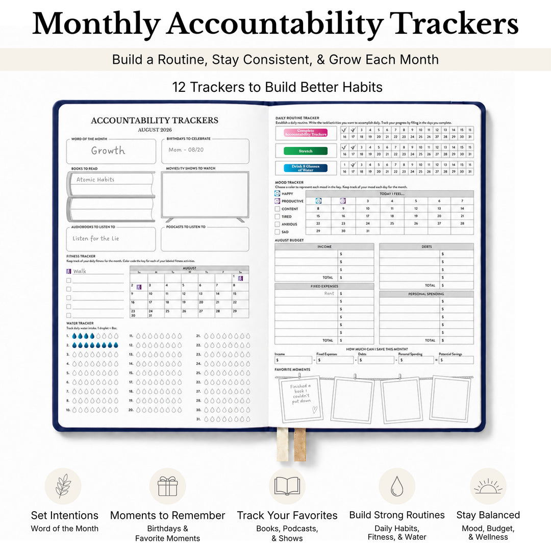 Planner opened to the Accountability trackers designed to build a routine and stay consistent 