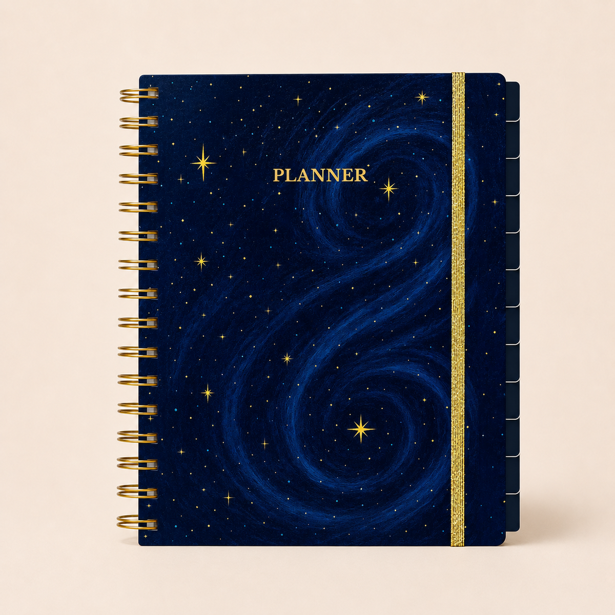 Planner with starry night design and gold spiral binding on a beige background