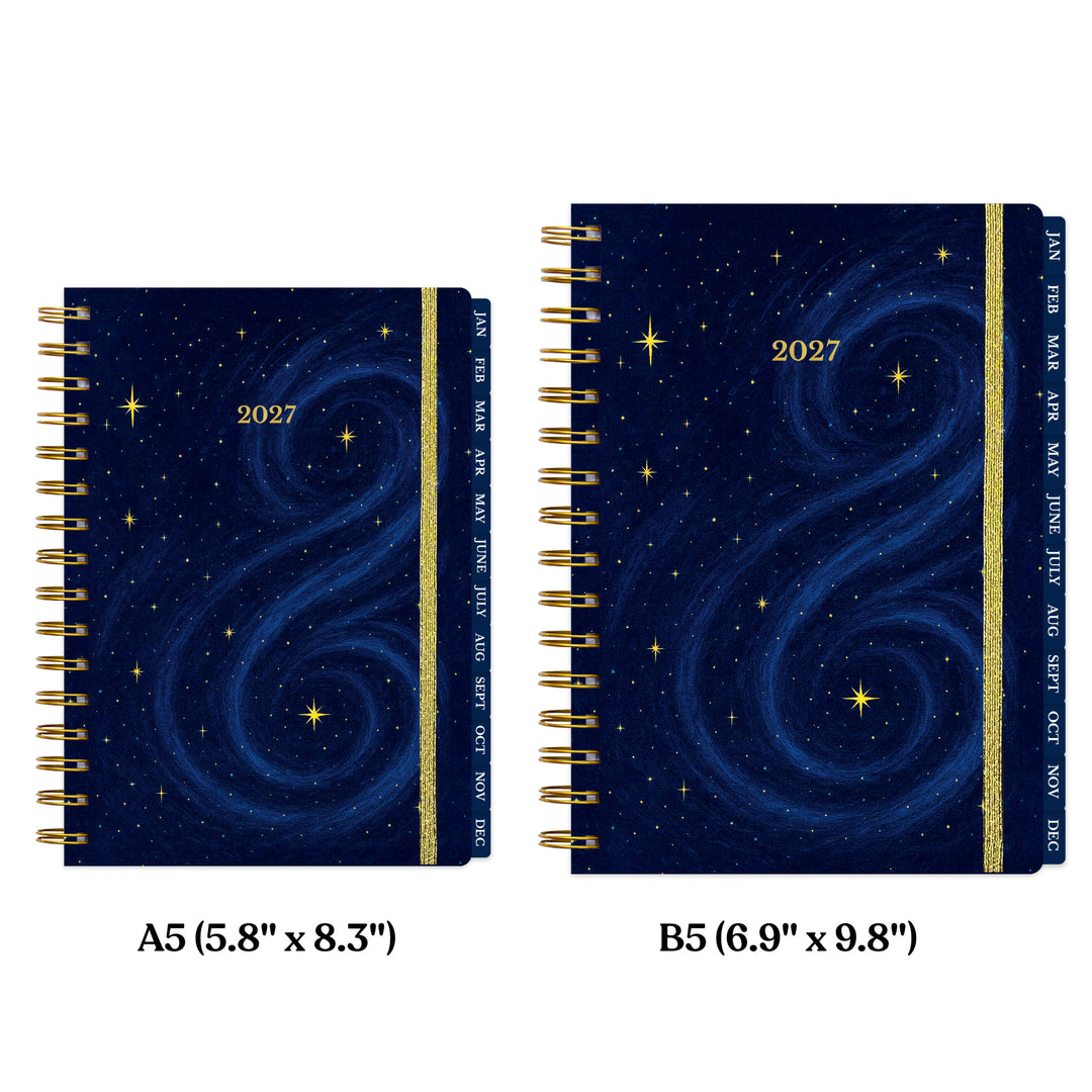 Size comparison between spiral-bound planner with starry night design and gold accents on a white background 