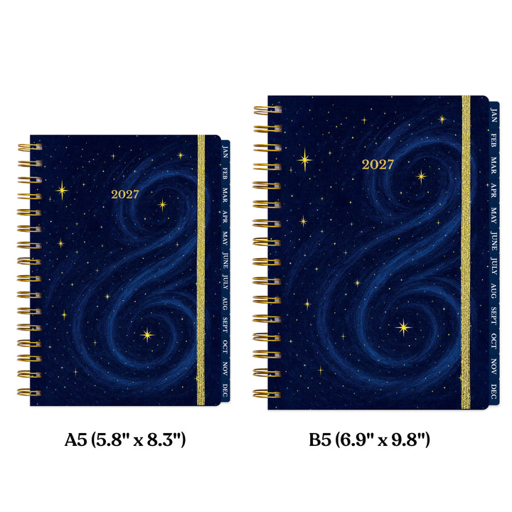 Size comparison between spiral-bound planner with starry night design and gold accents on a white background 
