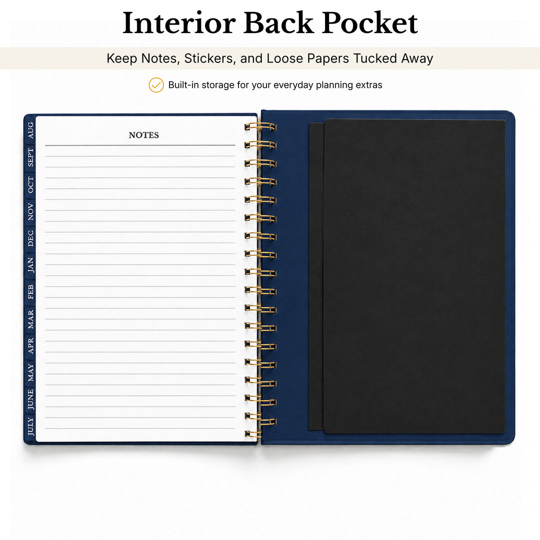 Planner with an interior back pocket for storage on a white background 