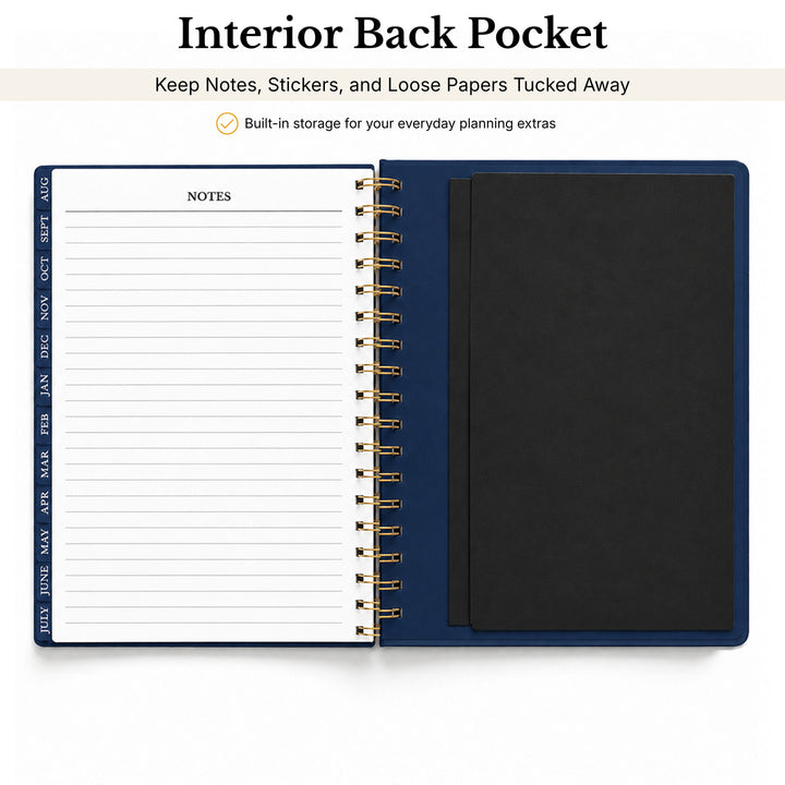 Planner with an interior back pocket for storage on a white background 