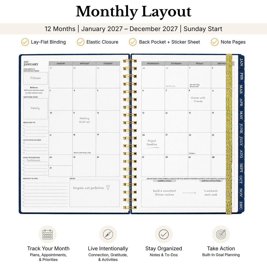 An open monthly planner layout shown on a white background with marketing text above and below. The planner has a white interior with gold ring binder, navy page borders, and a gold-and-navy vertical page marker. 