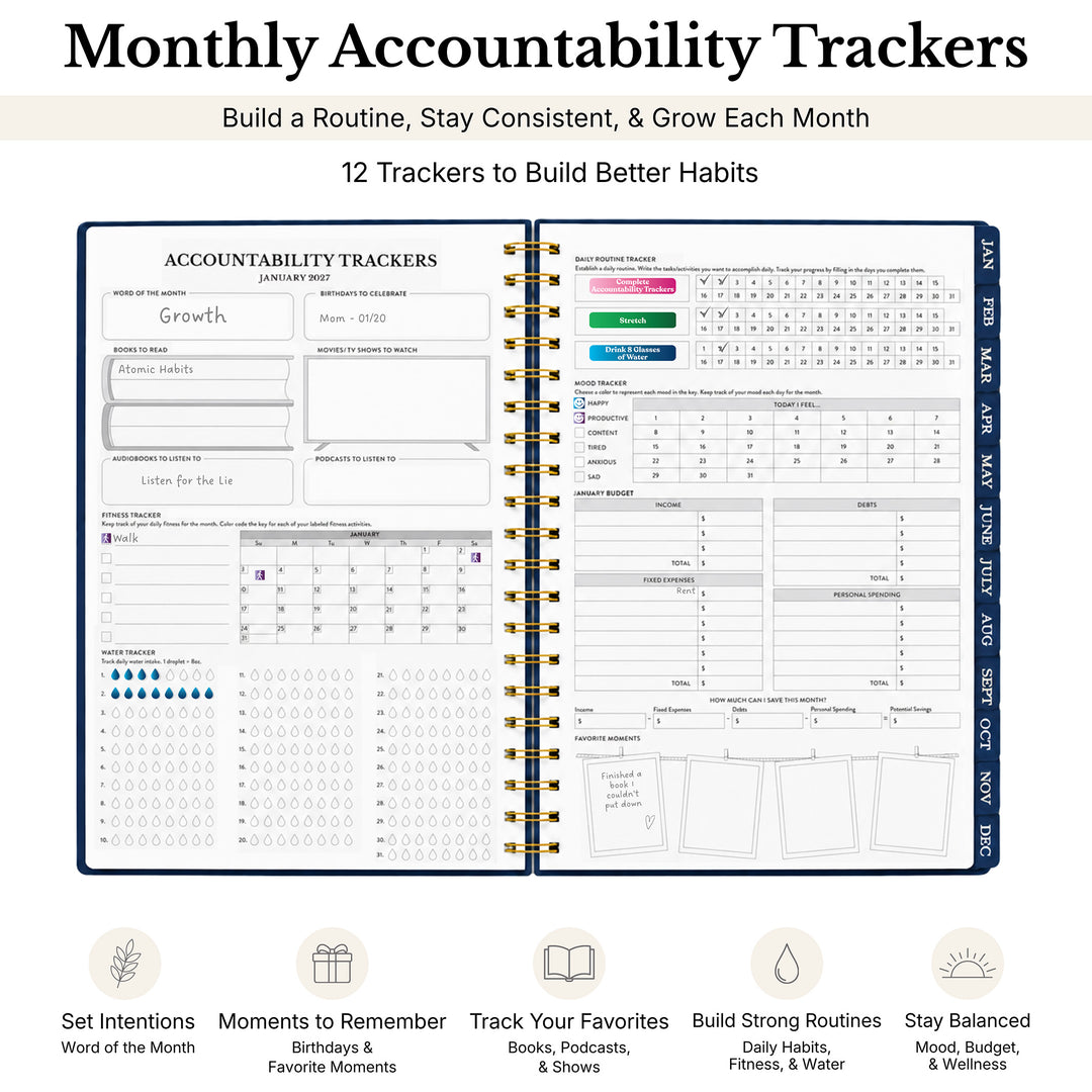 Monthly Accountability Tracker planner shown open on a white background, with a header reading &