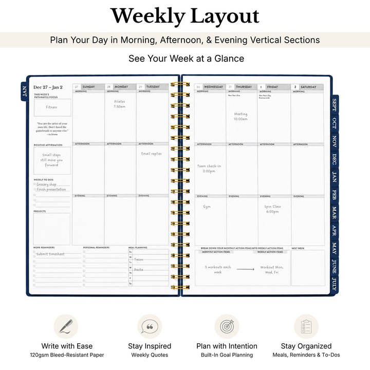 A weekly planner spread shown open on a white background, with the title &