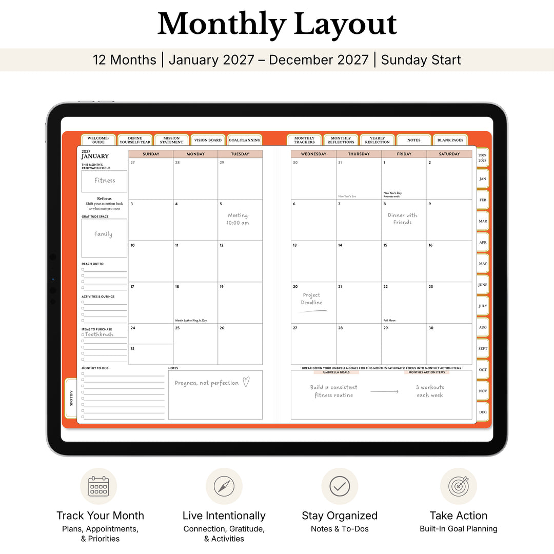 Monthly layout in the 2027 digital planner with callouts and features 