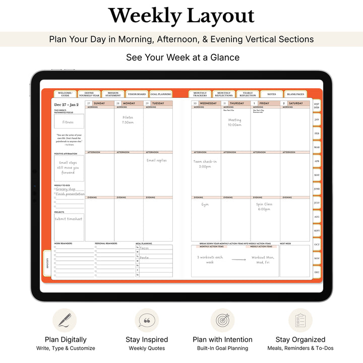 Weekly layout in the 2027 digital planner with vertical boxes 