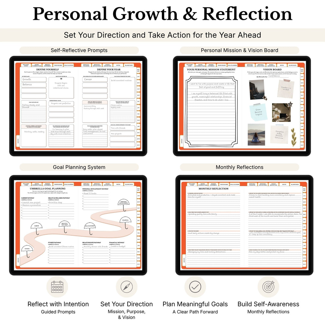 Four worksheets for personal growth and reflection on a white background. 