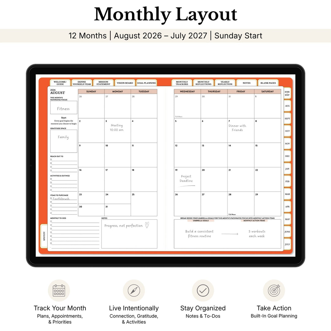Monthly layout planner with calendar and notes sections on a tablet screen.  