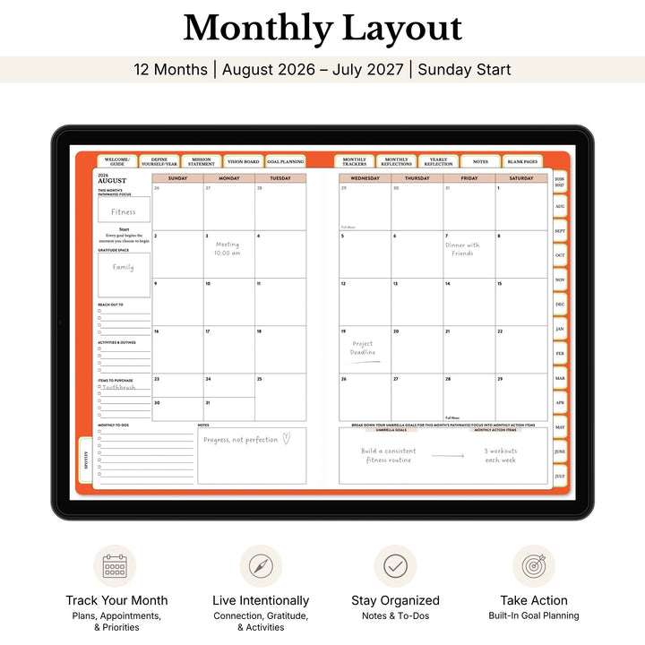 Monthly layout planner with calendar and notes sections on a tablet screen.  