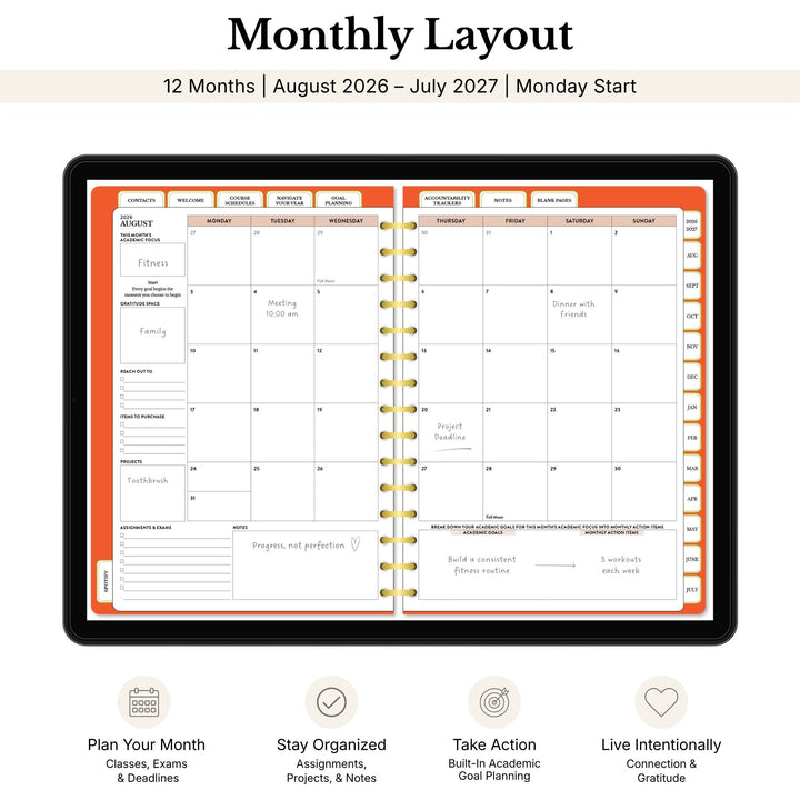 Monthly layout planner with August 2026 to July 2027 dates, showing a two-page spread. 