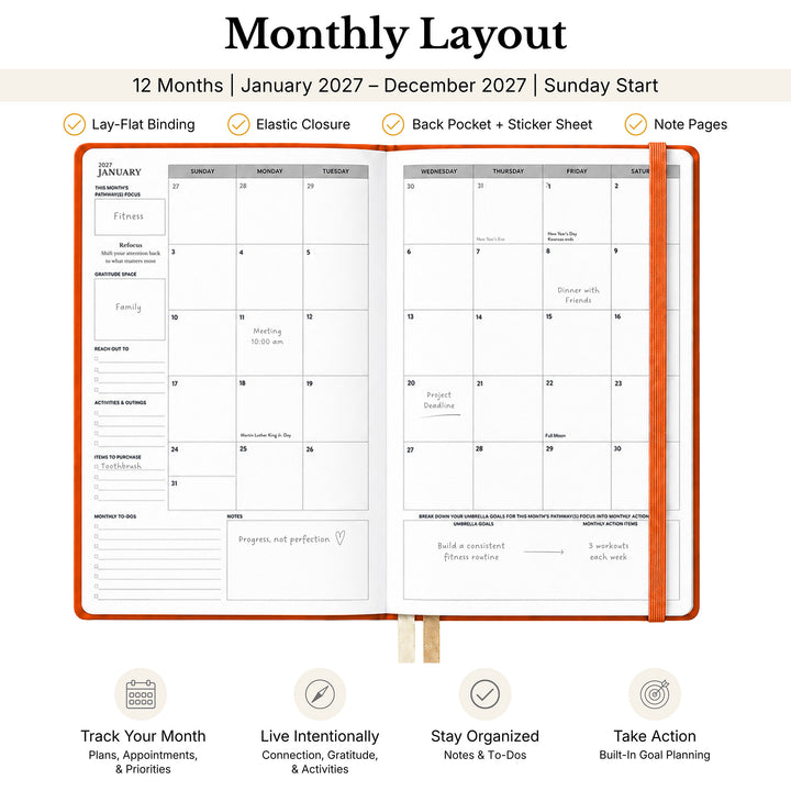 A monthly planner layout shown open to two calendar pages for January through December 2027, with a bright orange elastic closure band and printed marketing text above and below. The image is not a real environment and no person or animal is present, so this is Product/Packaging rather than Lifestyle. 