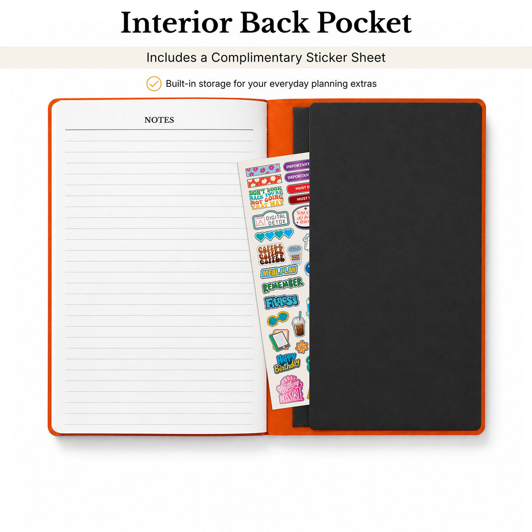 Notebook with interior back pocket featuring a sticker sheet and lined pages. 