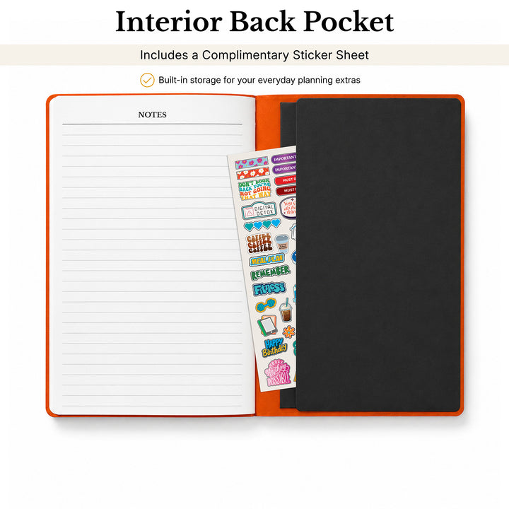Notebook with interior back pocket featuring a sticker sheet and lined pages. 