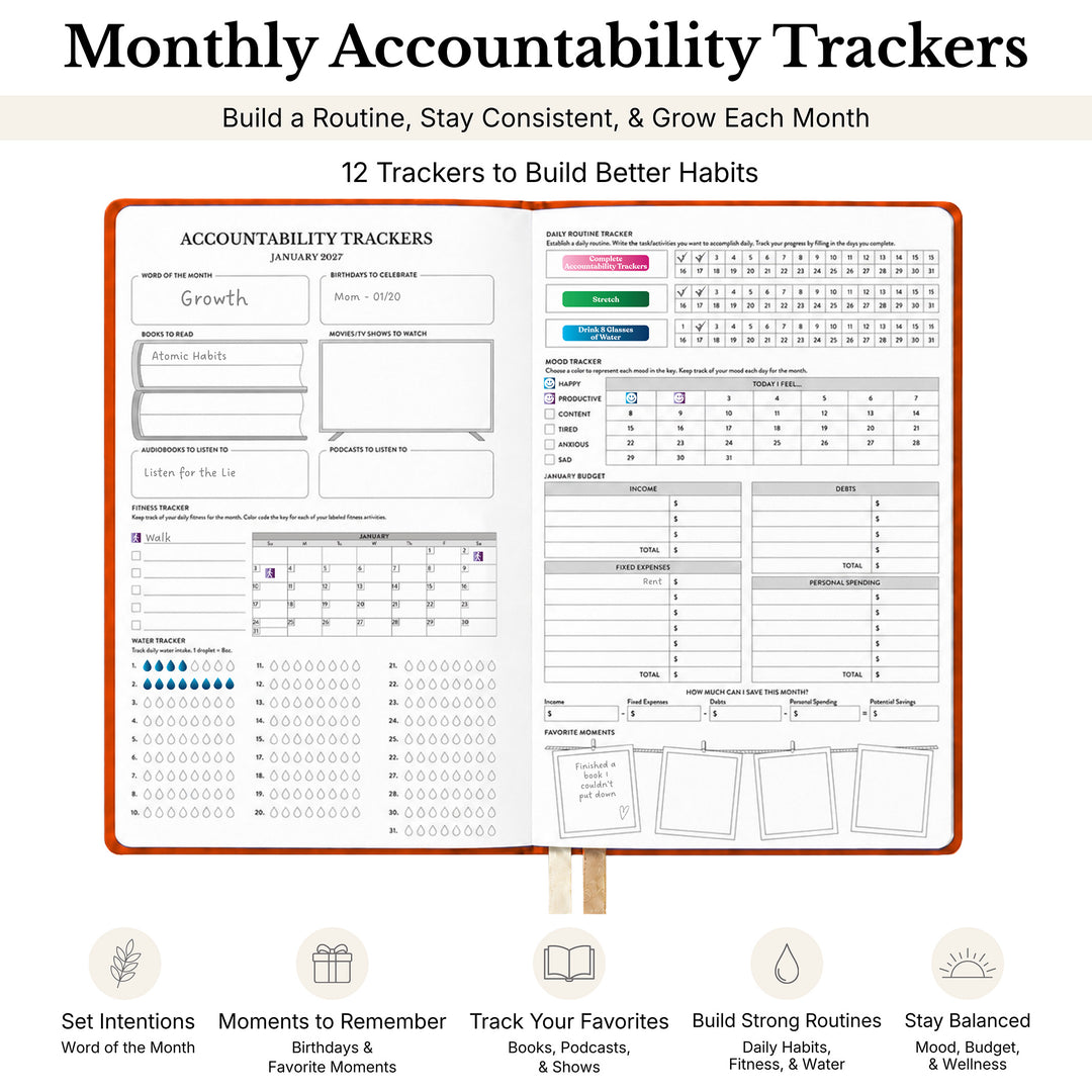 Monthly Accountability Tracker planner page shown on a white background with marketing text above and feature icons below. The tracker includes sections for growth, habits, finances, reading, media, health, and a routine tracker, with colored progress bars and checklist boxes. 