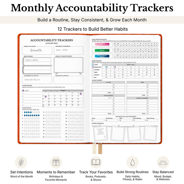 Monthly Accountability Tracker planner page shown on a white background with marketing text above and feature icons below. The tracker includes sections for growth, habits, finances, reading, media, health, and a routine tracker, with colored progress bars and checklist boxes. 
