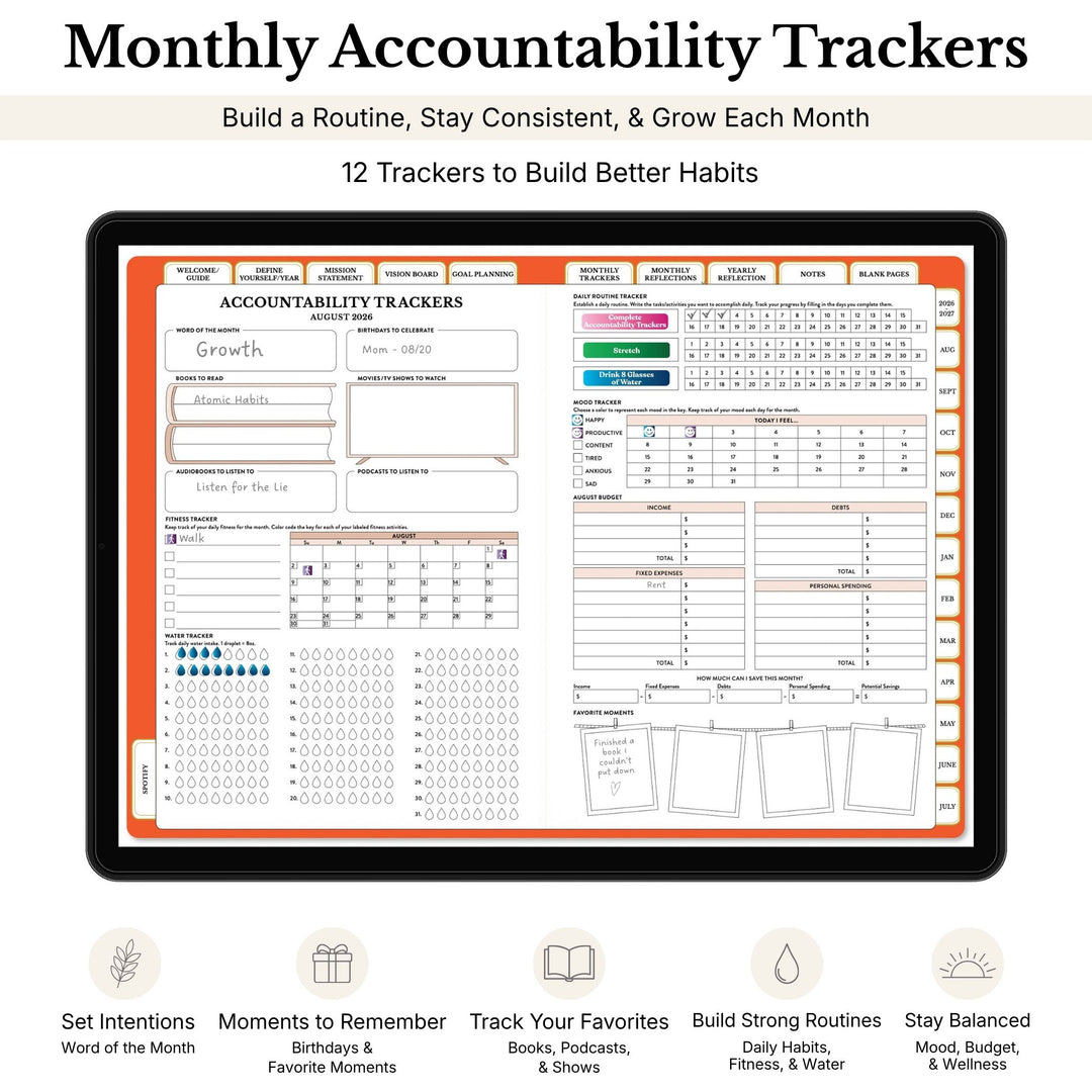 Tablet displaying monthly accountability trackers with various habit tracking sections. 