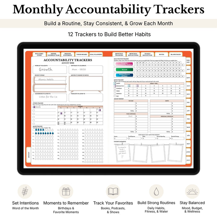 Tablet displaying monthly accountability trackers with various habit tracking sections. 