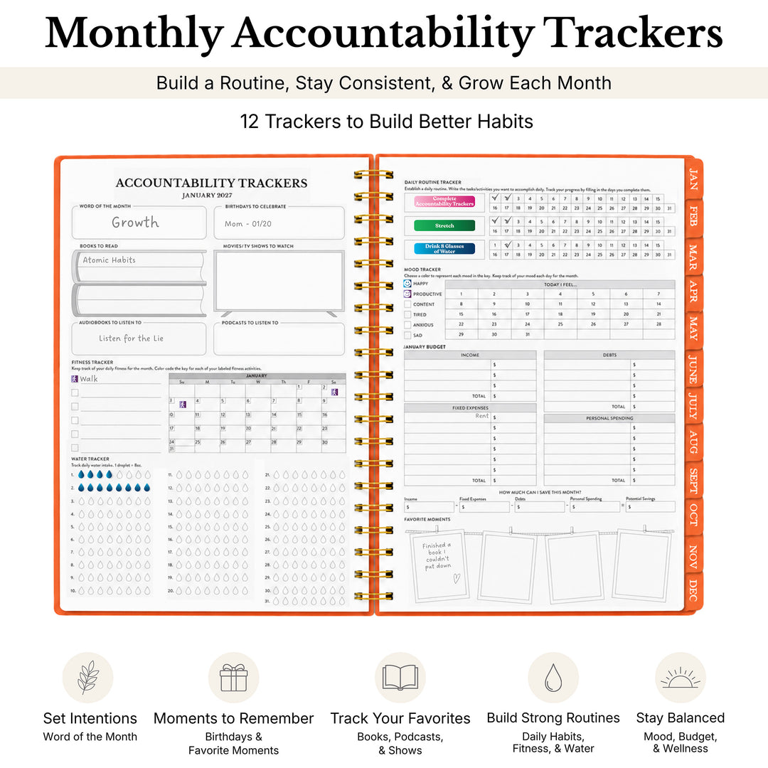 Monthly Accountability Tracker planner shown open to a double-page spread with orange border lines and habit tracking sections. The image includes marketing text at the top and a row of feature callouts at the bottom on a white background. 