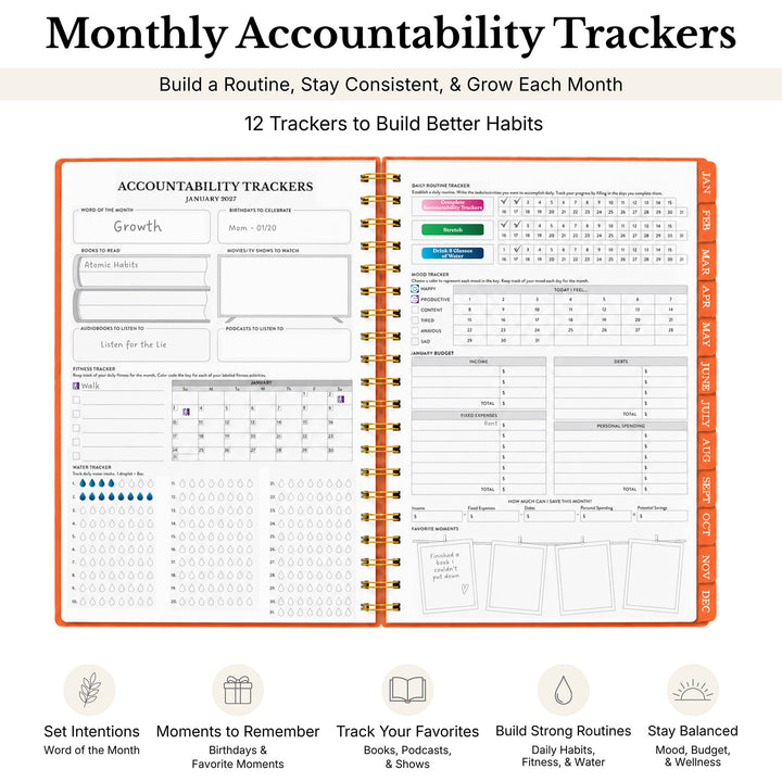 Monthly Accountability Tracker planner shown open to a double-page spread with orange border lines and habit tracking sections. The image includes marketing text at the top and a row of feature callouts at the bottom on a white background. 