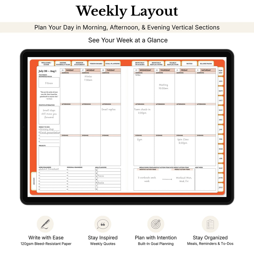 Weekly layout planner with time slots for morning, afternoon, and evening on a tablet screen. 