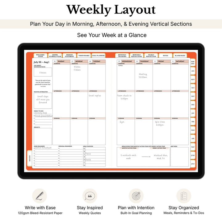 Weekly layout planner with time slots for morning, afternoon, and evening on a tablet screen. 