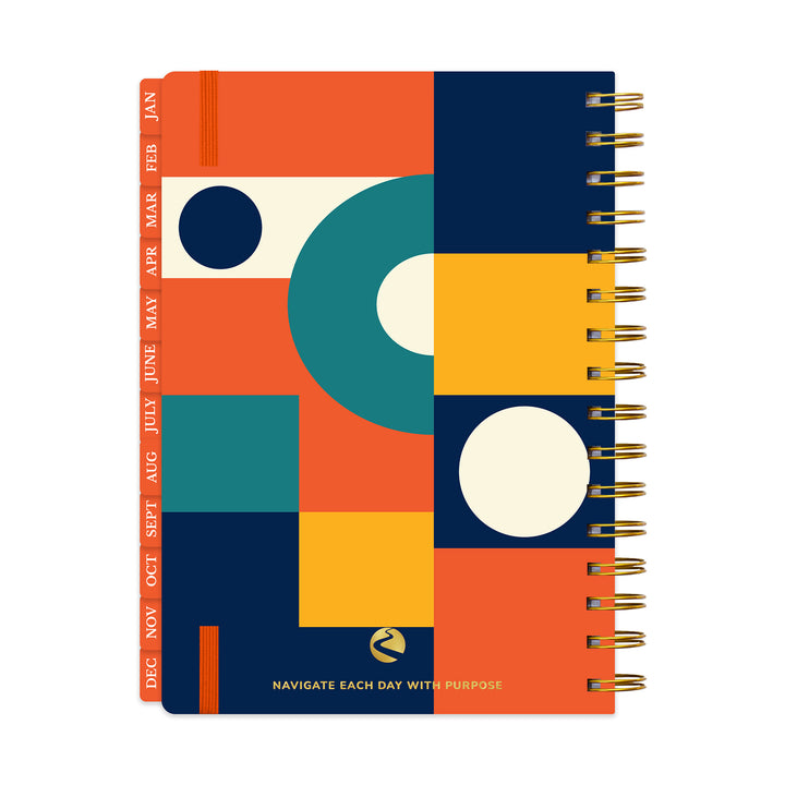 Spiral-bound planner with geometric design on a white background 