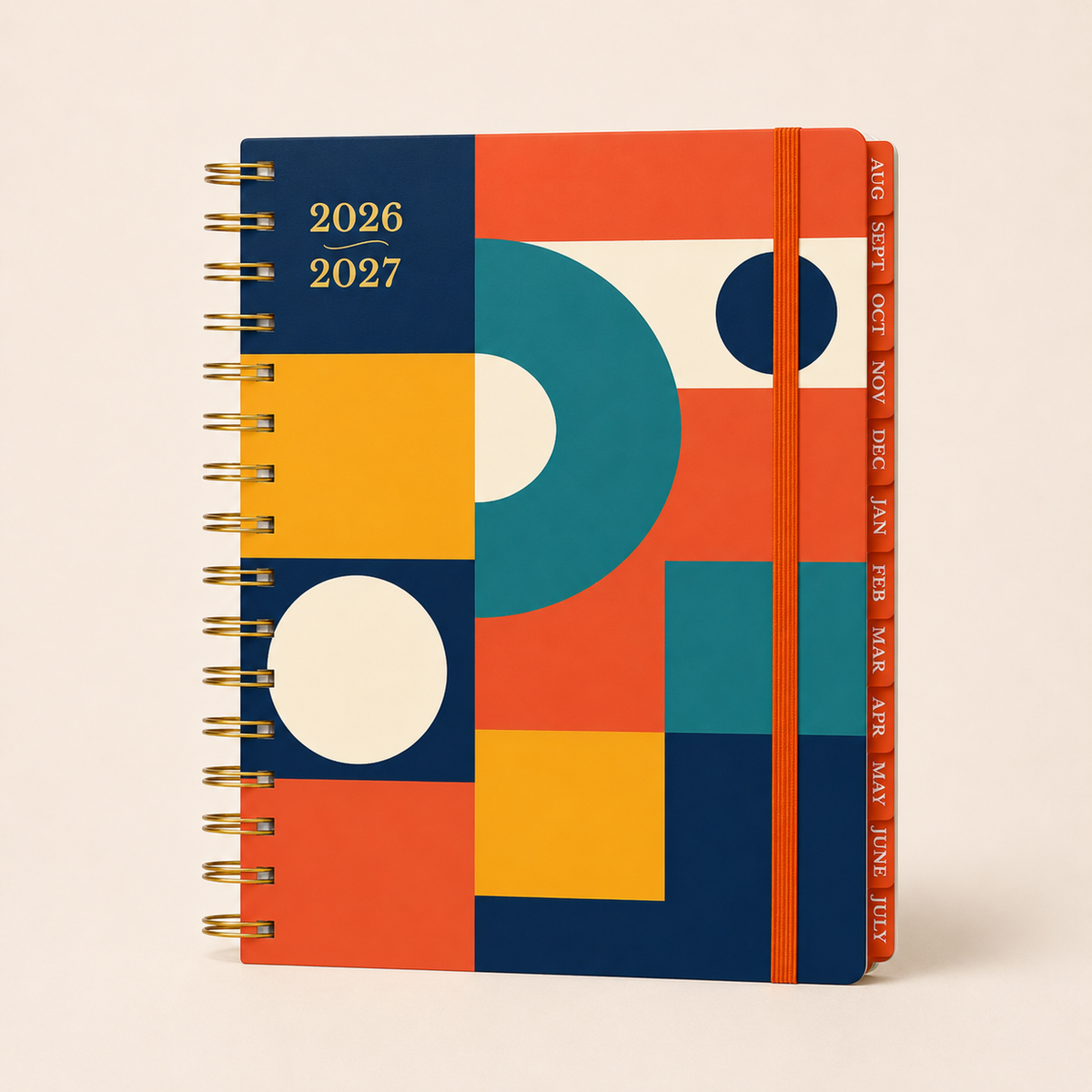 Colorful geometric-patterned planner with 2026 and 2027 on a beige background