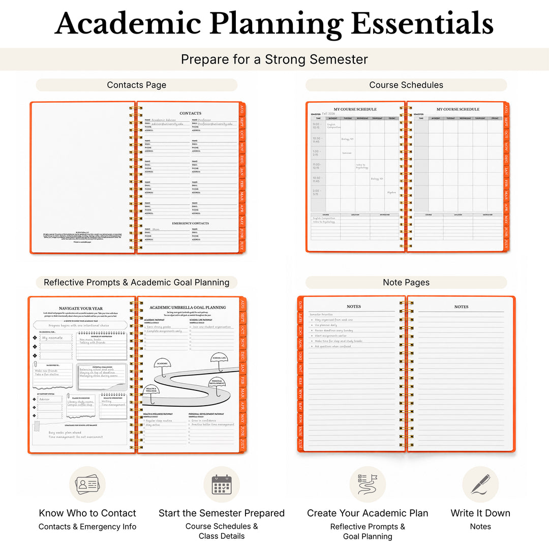 4 Planners opened to contacts page, course schedule, academic goal planning, and notes pages  