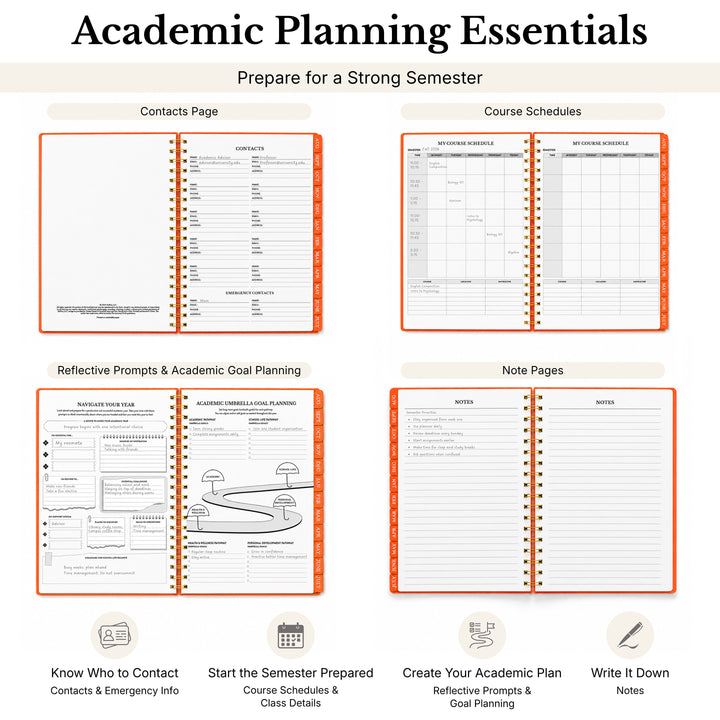 4 Planners opened to contacts page, course schedule, academic goal planning, and notes pages  