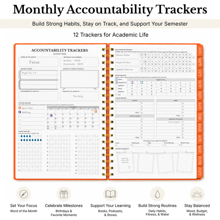 Planner opened to the 12 habit trackers page for academic life 